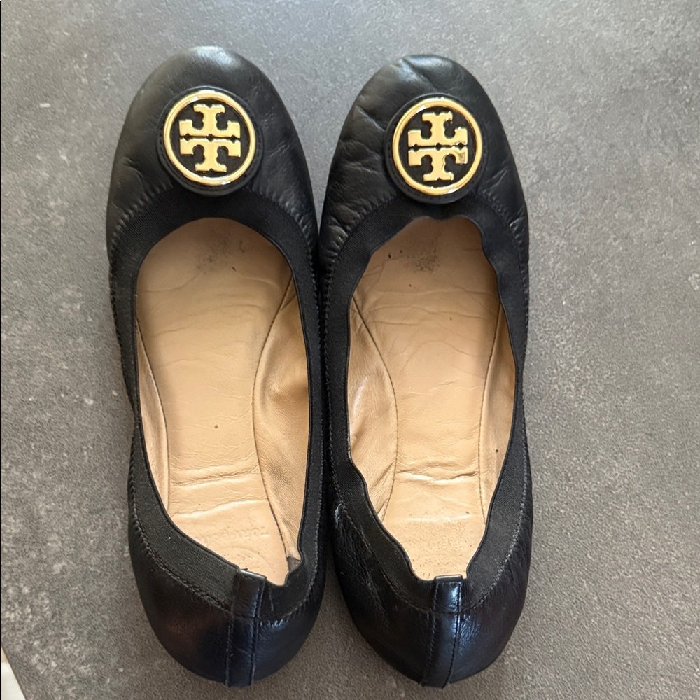 Tory Burch Black Leather Flats with Gold Logo